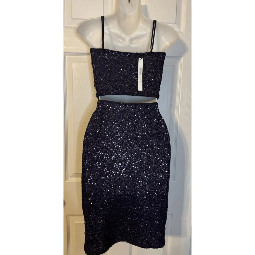 Susana Monaco 2 PC Set S Small Thunder Blue Sequin Crop Top & Skirt NWT $256